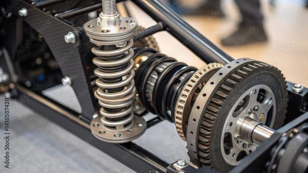 A medium closeup of an advanced mechanical spring mechanism that utilizes precise engineering designed to support heavy loads while significantly reducing vibrations. A medium closeup of an advanced mechanical spring mechanism that utilizes precise engineering designed to support heavy loads while significantly reducing vibrations.