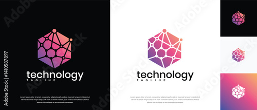 Technology connection hexagon logo design. Technology connection logo template. Technology logo symbol icon