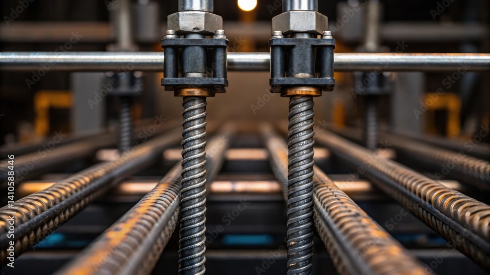 A medium closeup of a steel rebar being gripped by the machines clamps with precise hydraulics in action as it prepares to bend the metal. A medium closeup of a steel rebar being gripped by the machines clamps with precise hydraulics in action as it prepares to bend the metal.