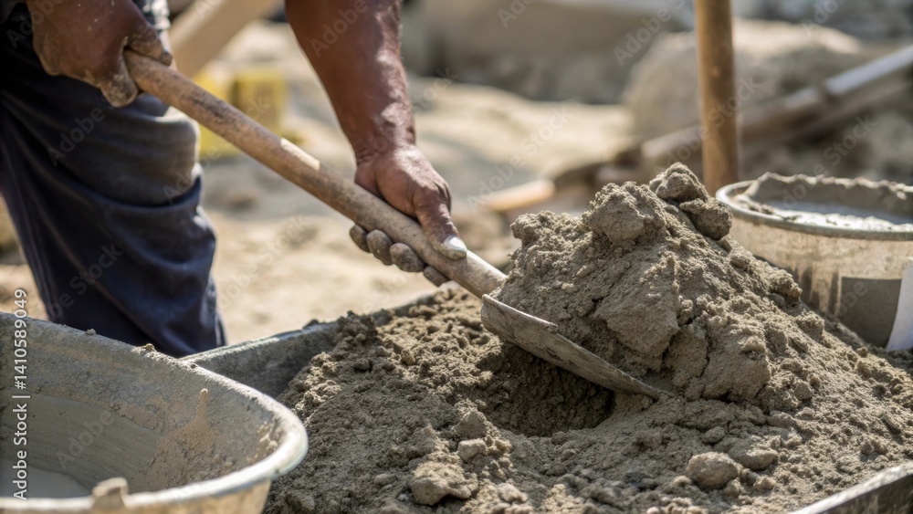 Fototapeta premium A medium closeup of a workers hands mixing lowcarbon cement with aggregates revealing the sustainable materials interspersed throughout the mixture.