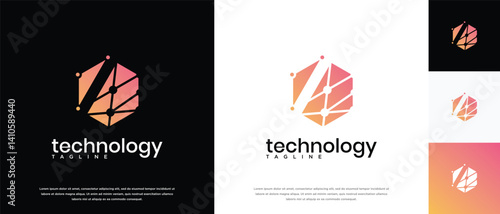 Technology connection hexagon logo design. Technology connection logo template. Technology logo symbol icon