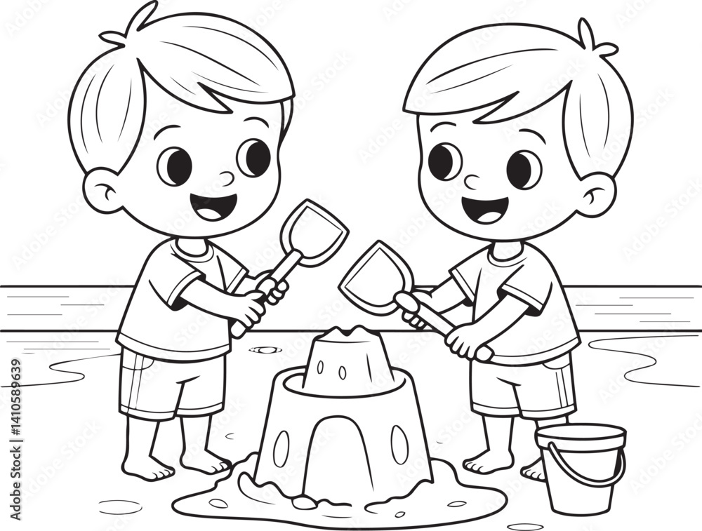 Two Boys Building Sandcastle Beach Coloring Page Line Drawing Two Boys Building Sandcastle Beach Coloring Page Line Drawing