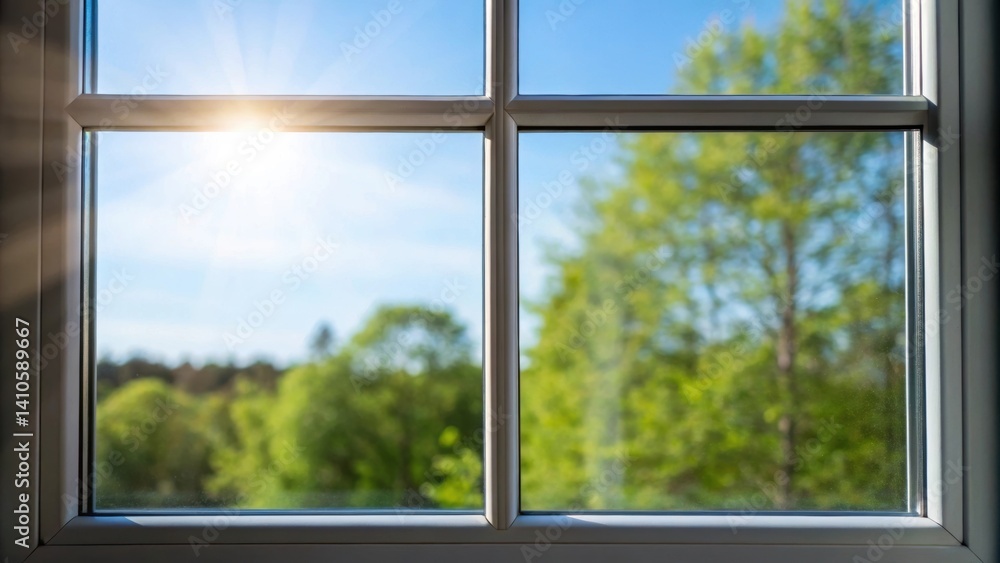 Naklejka premium A medium closeup of sunlight streaming through a transparent aluminum window illustrating the blend of transparency and strength with a vivid outdoor backdrop.