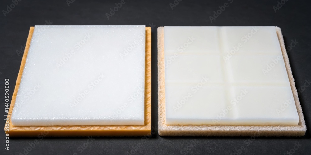 Fototapeta premium A medium closeup of two aerogel panels side by side with one in half to reveal the inner composition emphasizing the contrast between the structural integrity and its airy