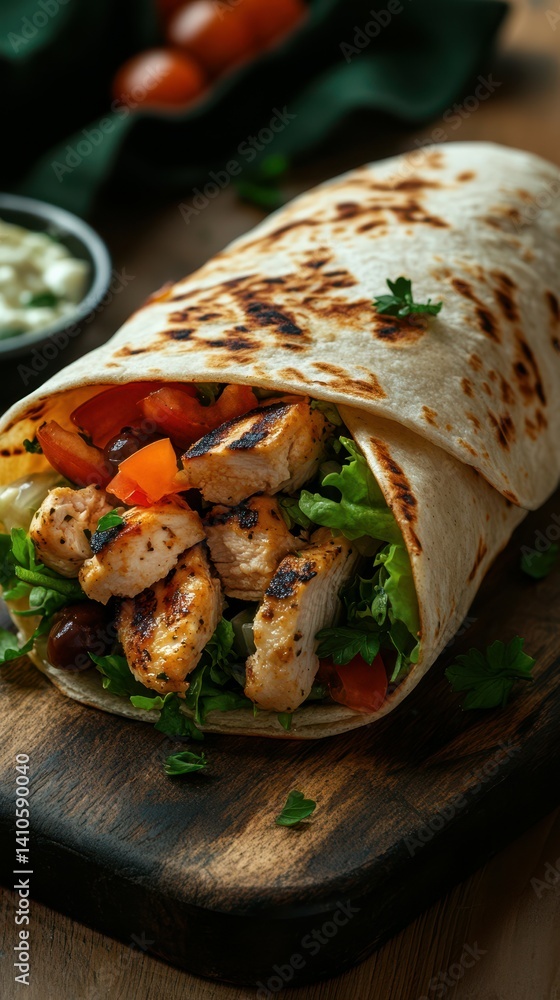 Grilled chicken wrap filled with fresh vegetables served on a wooden board Grilled chicken wrap filled with fresh vegetables served on a wooden board