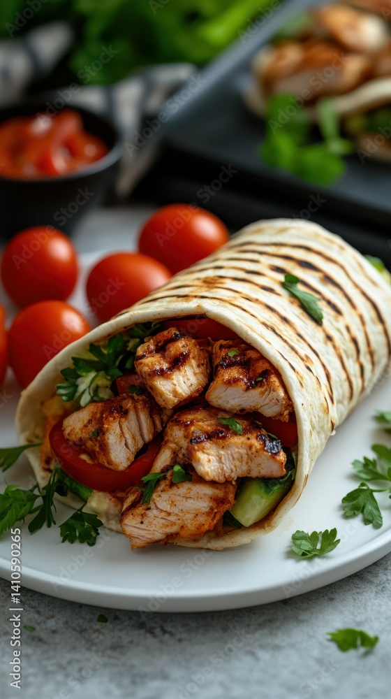 Grilled chicken wrap filled with fresh vegetables on a plate with cherry tomatoes and herbs in a cozy kitchen setting Grilled chicken wrap filled with fresh vegetables on a plate with cherry tomatoes and herbs in a cozy kitchen setting