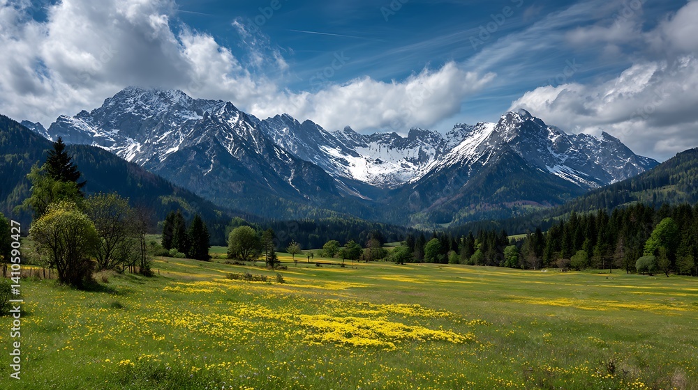 Fototapeta premium Lush Alpine Meadow with Snowy Peaks