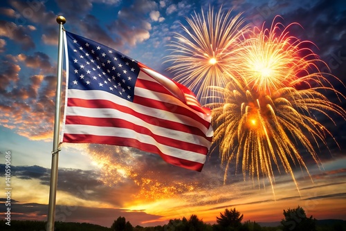 Fireworks behind waving American flag, Flag blowing in wind with fireworks in distance