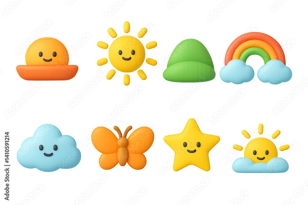 3D icon set of sunny weather: bird, hill, flower, star, mountain, light ray, rainbow, sunbeam. 3d icon. icons set of 3d style in a modern design. Isolated