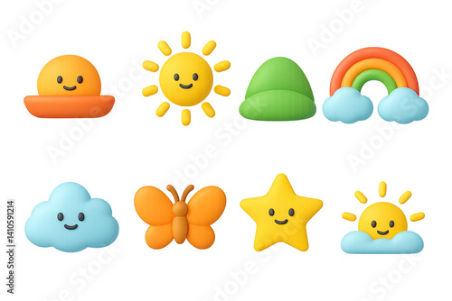 Obraz na płótnie 3D icon set of sunny weather: bird, hill, flower, star, mountain, light ray, rainbow, sunbeam. 3d icon. icons set of 3d style in a modern design. Isolated w salonie