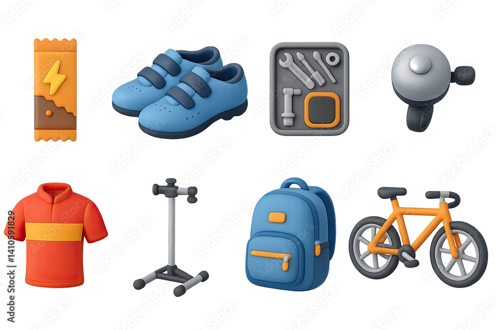Essential biking gear icons set: 3d illustrations of cycling essentials for riders