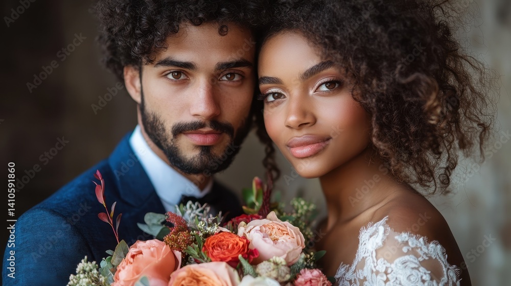 African adults embrace on wedding day with bouquet African adults embrace on wedding day with bouquet
