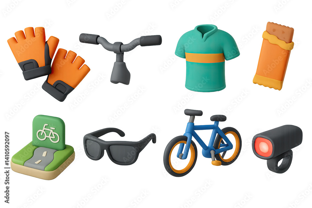 3D icon set of morning bike ride: gloves, handlebar, cycling jersey, energy bar, bike path, sunglasses, bicycle, bike light. 3d icon. icons set of 3d style in a modern design. Isolated