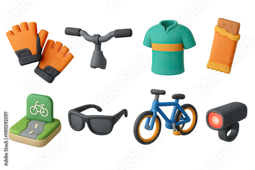 Obraz na płótnie 3D icon set of morning bike ride: gloves, handlebar, cycling jersey, energy bar, bike path, sunglasses, bicycle, bike light. 3d icon. icons set of 3d style in a modern design. Isolated w salonie