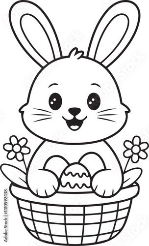 Cute Easter Bunny in a Basket black and white line art illustration