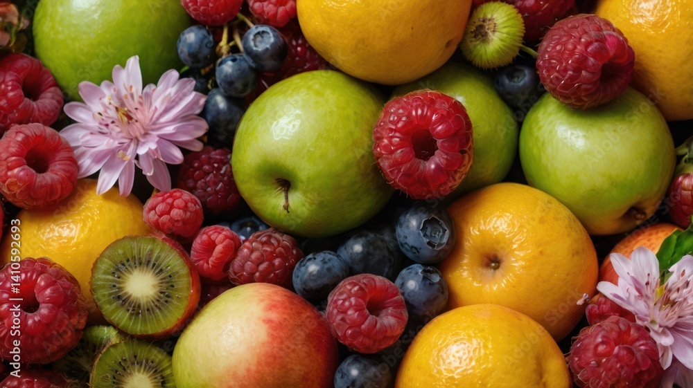 Colorful fruit and flower arrangement, vibrant display Colorful fruit and flower arrangement, vibrant display