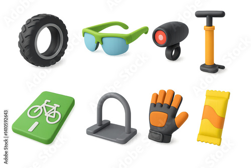 Obraz na płótnie 3D icon set of spring cycling: tire, sunglasses, bike light, pump, bike path, bike stand, gloves, energy bar. 3d icon. icons set of 3d style in a modern design. Isolated w salonie