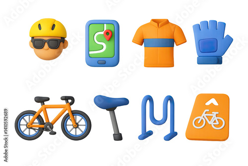 3D icon set of mountain biking: water bottle, gloves, energy bar, cycling shoes, bike path, backpack, cycling jersey, sunglasses. 3d icon. icons set of 3d style in a modern design. Isolated
