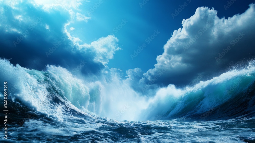 Fototapeta premium Majestic Ocean Waves and Stormy Sky - Dramatic of powerful ocean waves crashing under a stormy sky, showcasing the raw power of nature