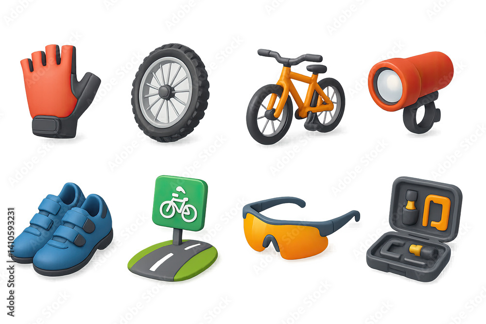 3D icon set of bike festival: gloves, tire, bicycle, bike light, cycling shoes, bike path, sunglasses, repair kit. 3d icon. icons set of 3d style in a modern design. Isolated