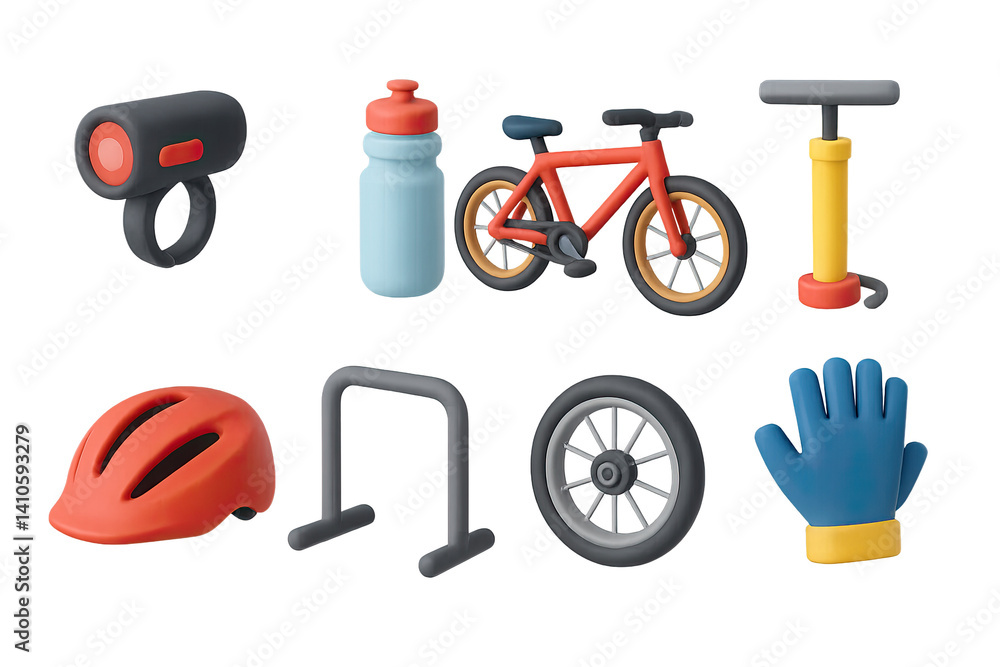 3D icon set of bike race: bike light, water bottle, bicycle, pump, helmet, bike stand, tire, gloves. 3d icon. icons set of 3d style in a modern design. Isolated