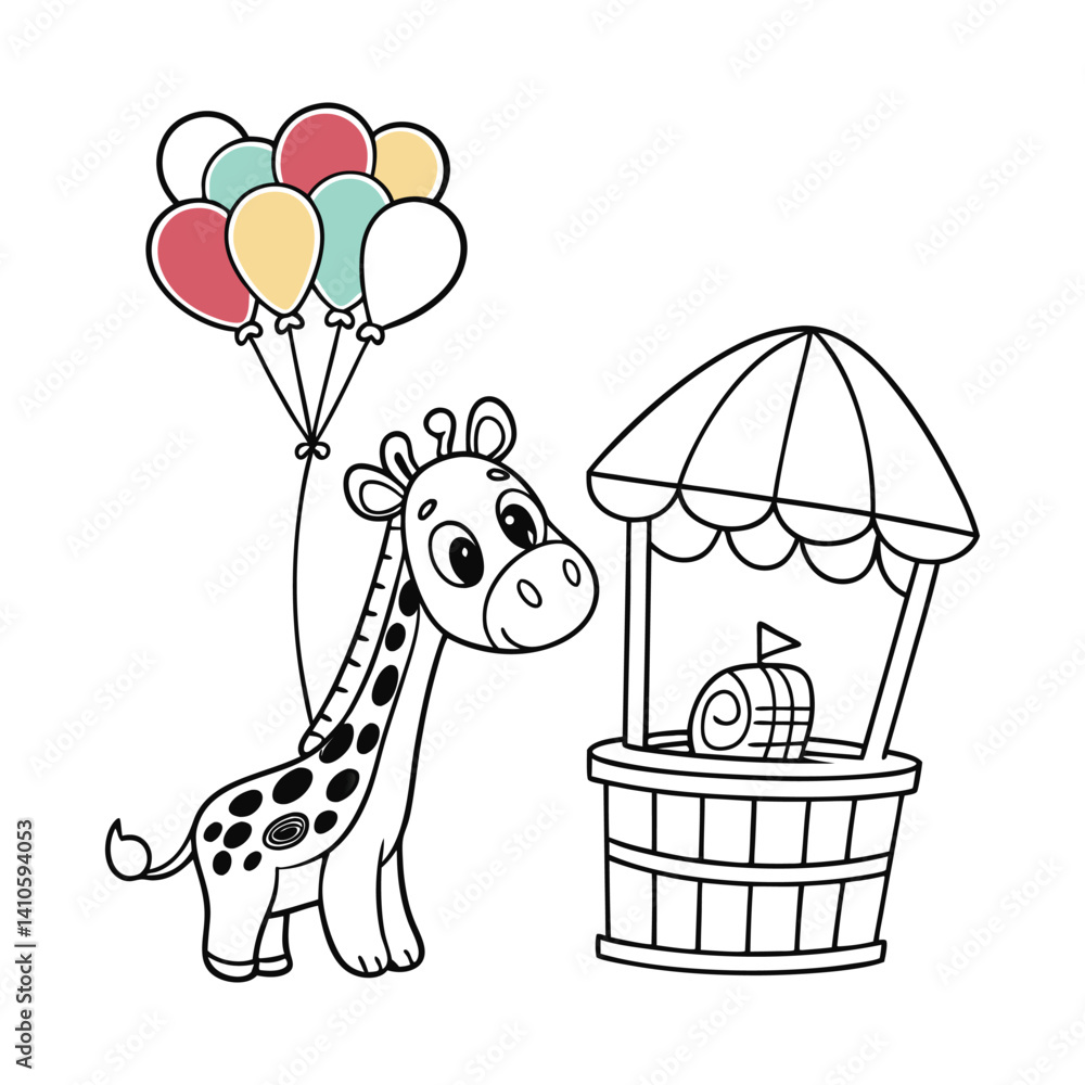 Obraz premium Cute Giraffe Holding Balloons Next to a Market Stand