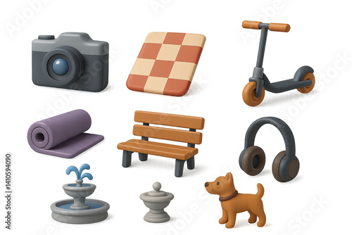 Obraz na płótnie 3D icon set of evening walk in park: camera, picnic blanket, scooter, yoga mat, bench, headphones, fountain, dog. 3d icon. icons set of 3d style in a modern design. Isolated w salonie
