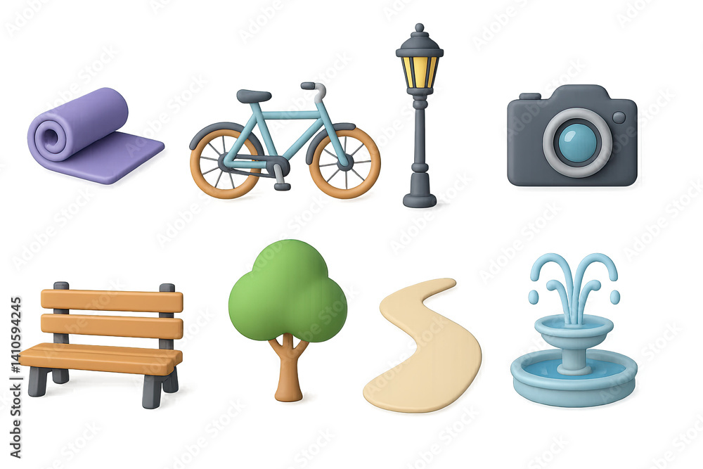 3D icon set of spring park stroll: yoga mat, bicycle, lamp post, camera, bench, tree, walking path, fountain. 3d icon. icons set of 3d style in a modern design. Isolated
