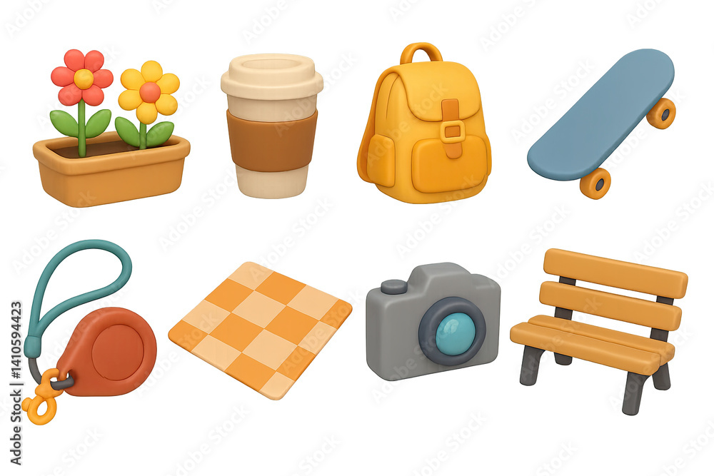 3d recreation icons set: flowers, coffee, backpack, skateboard, keychain, chessboard, camera, bench