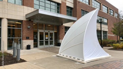 Medium closeup of an aerodynamic windbreak sculpture strategically p at the base designed to redirect airflow and shield the entrance area.