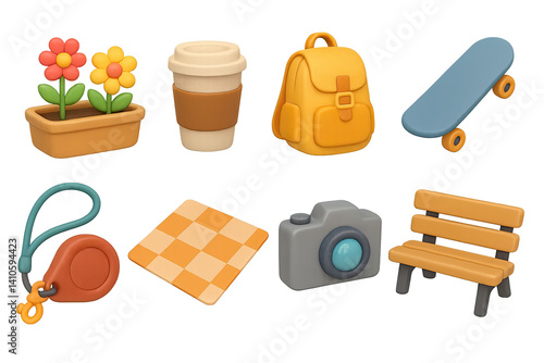 Obraz na płótnie 3d recreation icons set: flowers, coffee, backpack, skateboard, keychain, chessboard, camera, bench w salonie