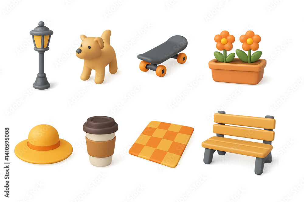 3D icon set of skating in park: lamp post, dog, skateboard, flower bed, sun hat, coffee cup, picnic blanket, bench. 3d icon. icons set of 3d style in a modern design. Isolated