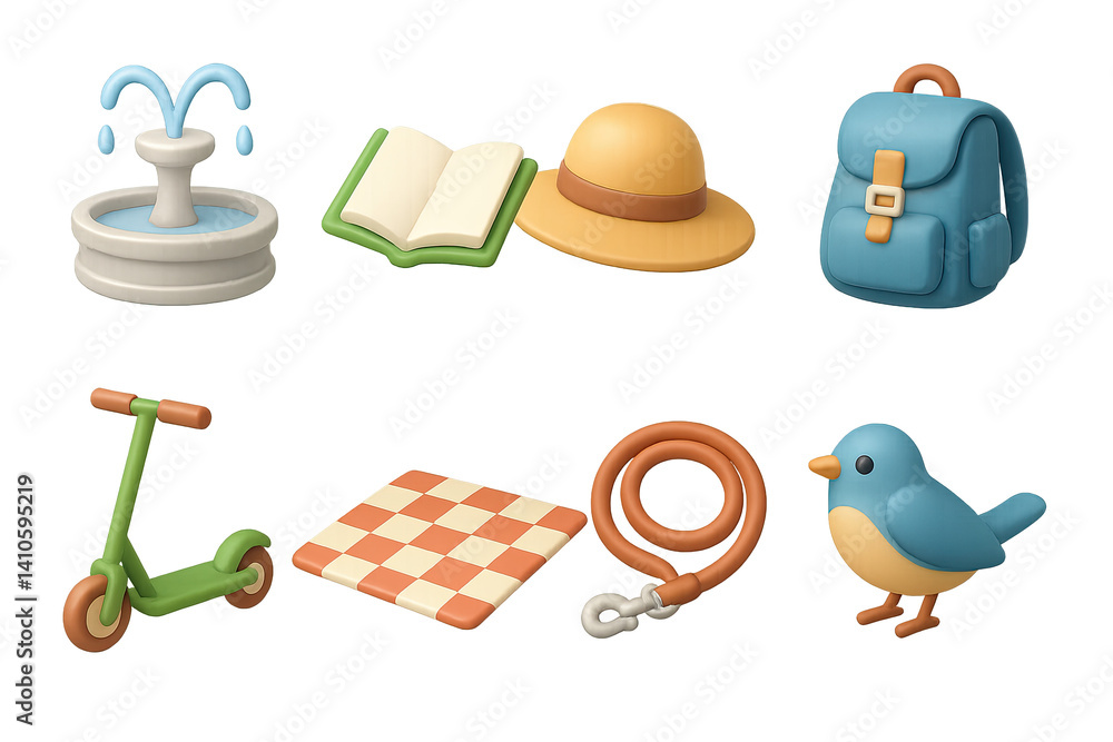 3D icon set of spring walking looks: trench coat, layered outfit, crossbody bag, raincoat, pastel shirt, sunglasses, chinos, sneakers. 3d icon. icons set of 3d style in a modern design. Isolated