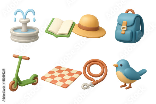 Obraz na płótnie 3D icon set of spring walking looks: trench coat, layered outfit, crossbody bag, raincoat, pastel shirt, sunglasses, chinos, sneakers. 3d icon. icons set of 3d style in a modern design. Isolated w salonie