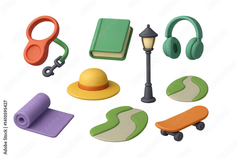 Leisure and recreation 3d icon set: book, skateboard, headphones, keychain, more
