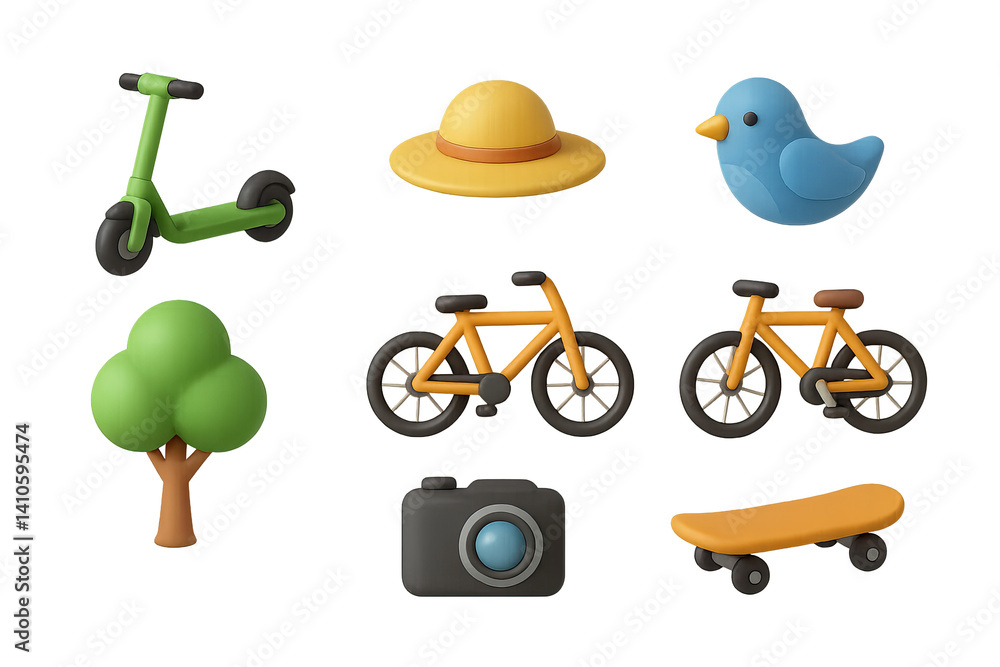3D icon set of outdoor reading: scooter, walking path, sun hat, bird, tree, bicycle, camera, skateboard. 3d icon. icons set of 3d style in a modern design. Isolated