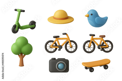 Obraz na płótnie 3D icon set of outdoor reading: scooter, walking path, sun hat, bird, tree, bicycle, camera, skateboard. 3d icon. icons set of 3d style in a modern design. Isolated w salonie