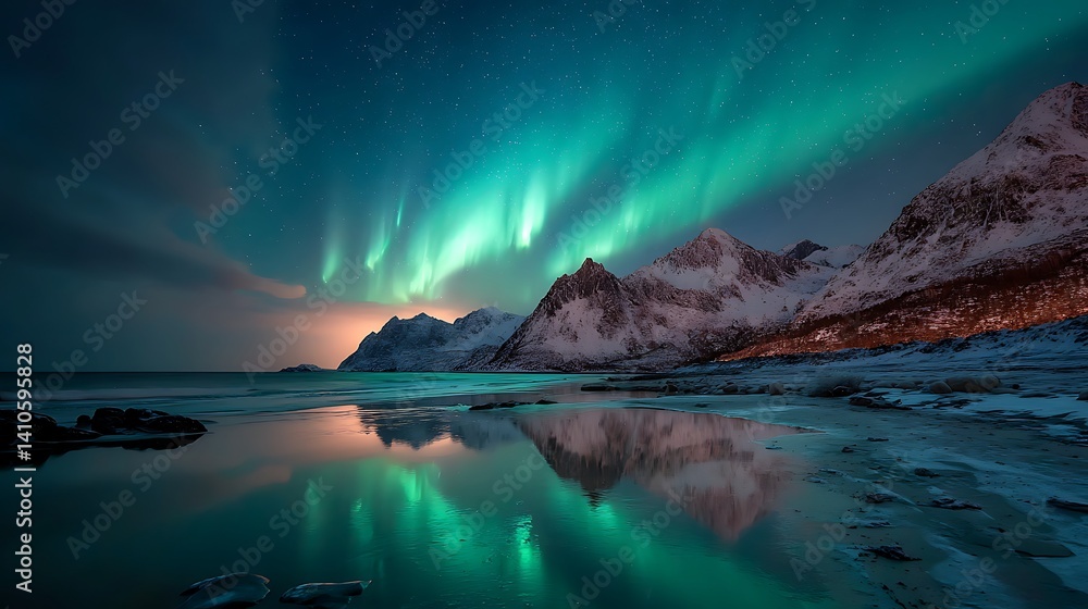 Naklejka premium Northern Lights reflecting on a calm winter beach