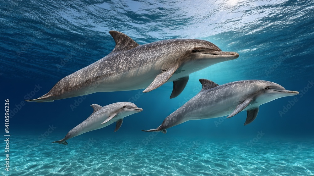 Fototapeta premium Three dolphins swim gracefully in a crystal-clear ocean, showcasing their playful nature.