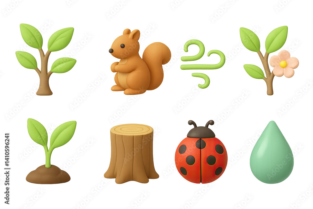 3D icon set of spring nature awakening: tree trunk, grass patch, fresh breeze, butterfly, budding tree, bee, dewdrop, ladybug. 3d icon. icons set of 3d style in a modern design. Isolated