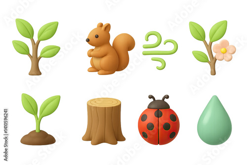 Obraz na płótnie 3D icon set of spring nature awakening: tree trunk, grass patch, fresh breeze, butterfly, budding tree, bee, dewdrop, ladybug. 3d icon. icons set of 3d style in a modern design. Isolated w salonie