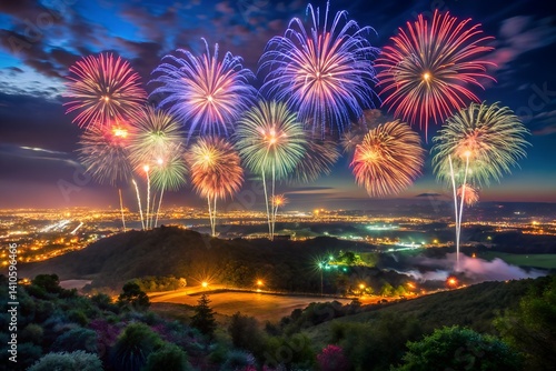 Nighttime landscape with fireworks in far distance