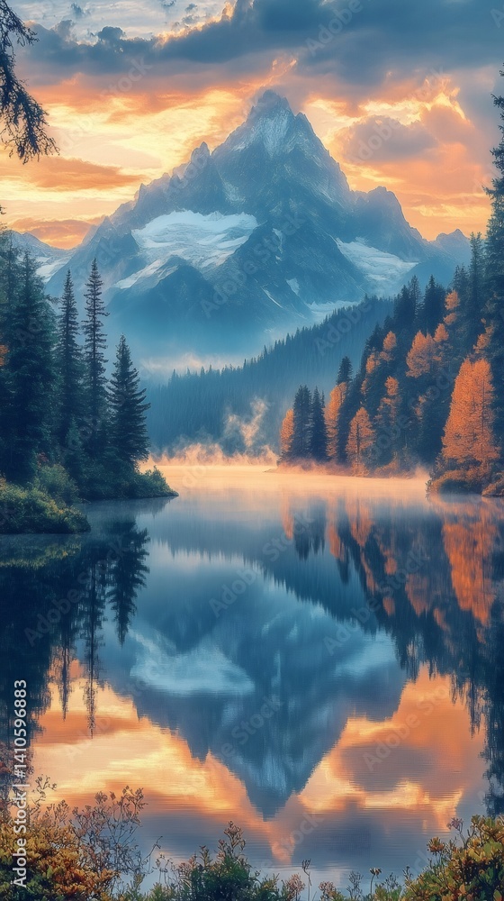Majestic mountain reflecting in a serene lake at sunset
