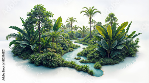 A lush green jungle with a river running through it