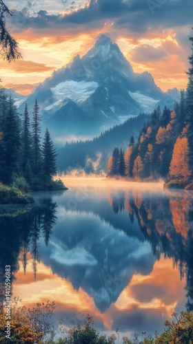 Obraz na płótnie Majestic mountain reflecting in a serene lake at sunset w salonie