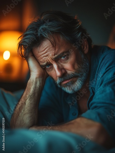 Obraz na płótnie Sad mature man suffering from loneliness and depression at home w salonie