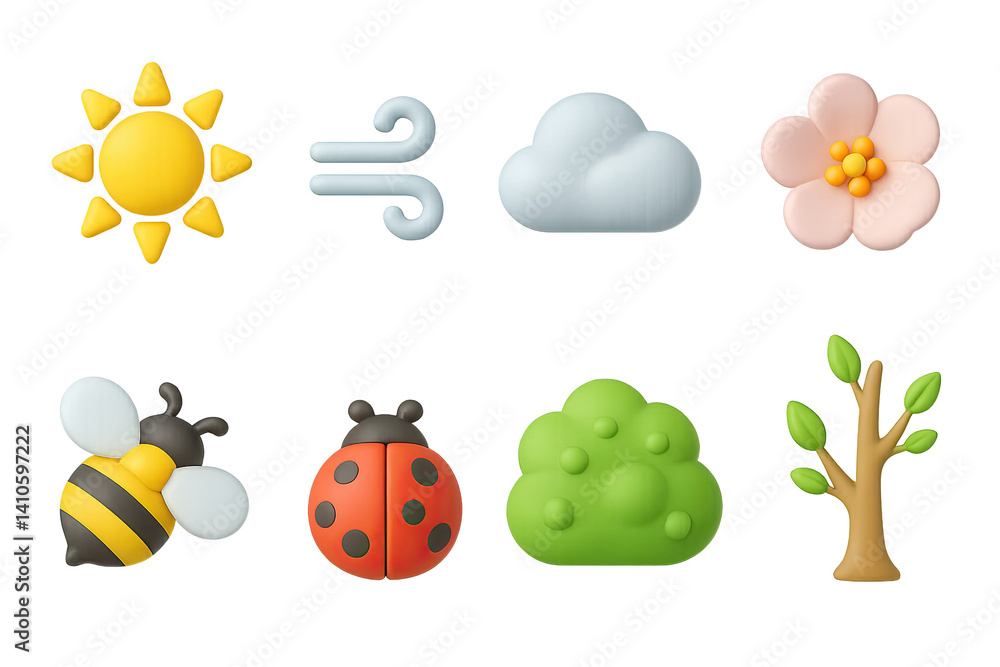3D icon set of wildlife in park: sunbeam, fresh breeze, soft cloud, blossom, bee, ladybug, bush, budding tree. 3d icon. icons set of 3d style in a modern design. Isolated
