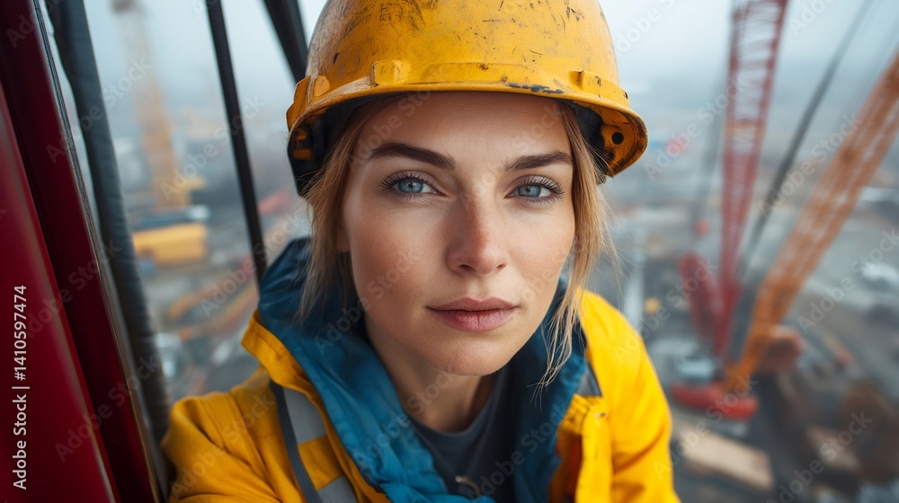 Female engineer wearing hardhat supervising construction site with cranes