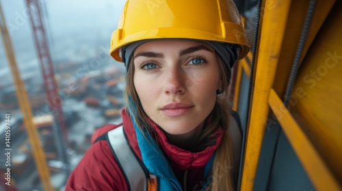 Female construction worker wearing yellow hard hat on construction site
