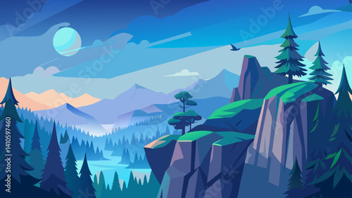 High above the forest, steep cliffs rise into a pale blue dawn.
Silence fills the air, broken only by the wind through the peaks.